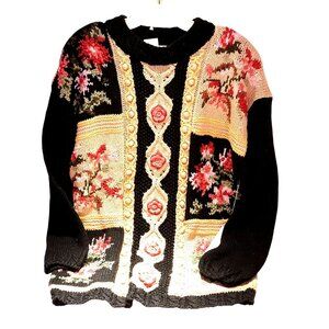 Vintage Jennifer & Company L Knitted Black Sweater W/ Floral Patchwork Roses NWT